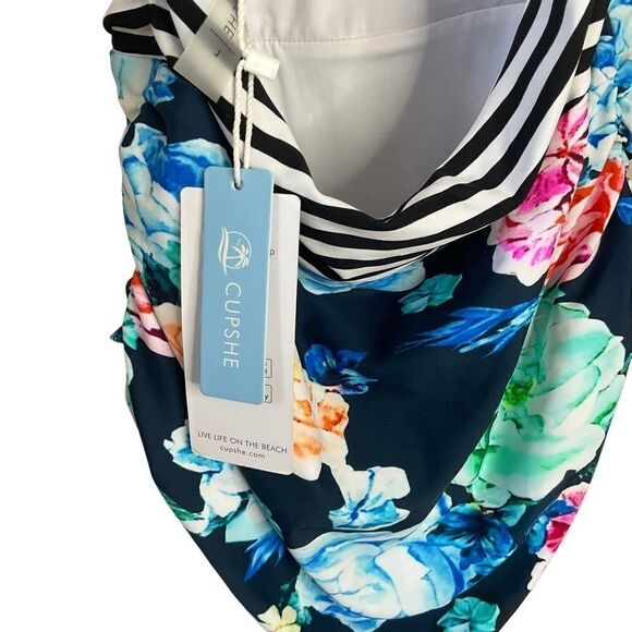 CUPSHE One-Piece Swim Suit Floral Stripes Deep V Halter Style Open Back Size L - Picture 13 of 14